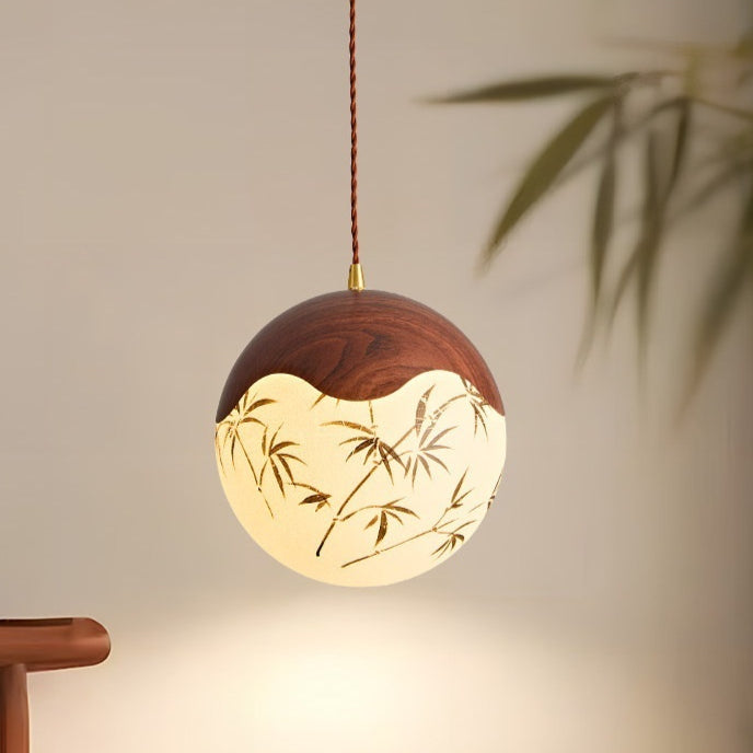 Mid-century Modern Round Ball Pendant Light In Walnut With Printed Design