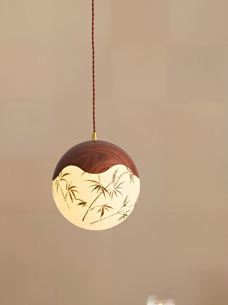 Mid-century Modern Round Ball Pendant Light In Walnut With Printed Design