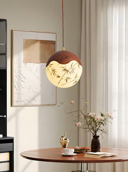 Mid-century Modern Round Ball Pendant Light In Walnut With Printed Design