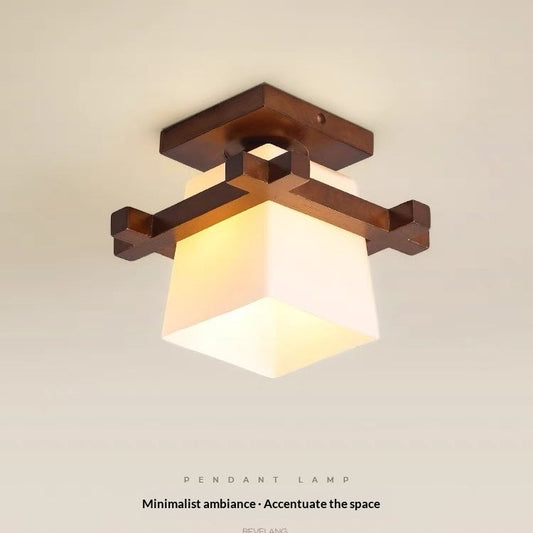 Rustic Grid Wood Glass Ceiling Light