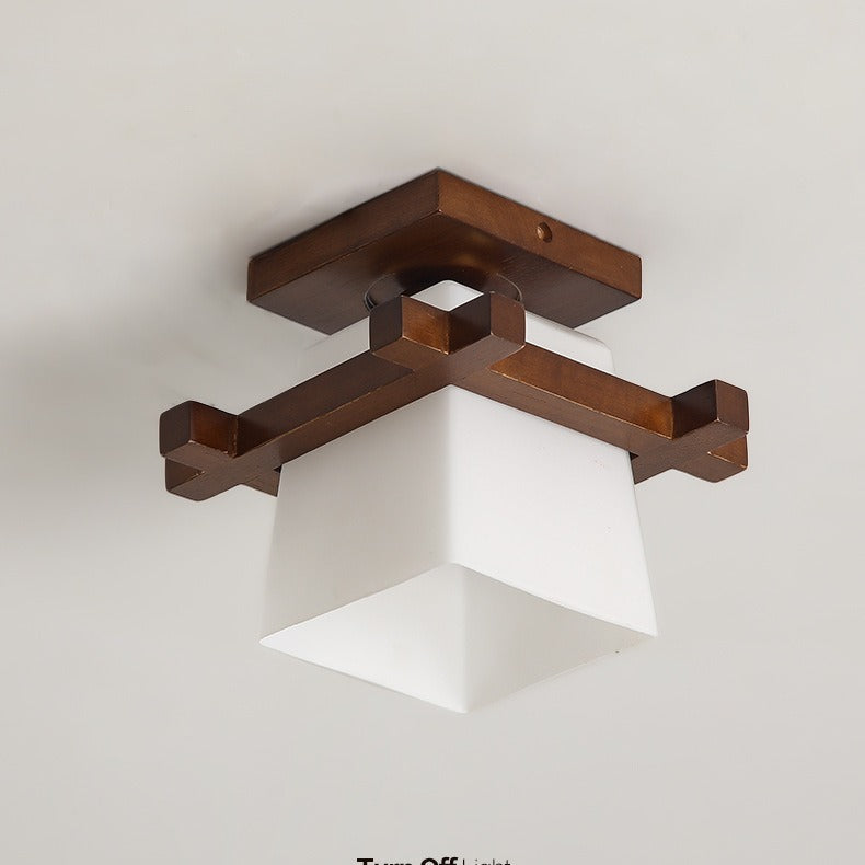Rustic Grid Wood Glass Ceiling Light
