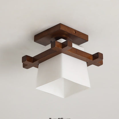 Rustic Grid Wood Glass Ceiling Light