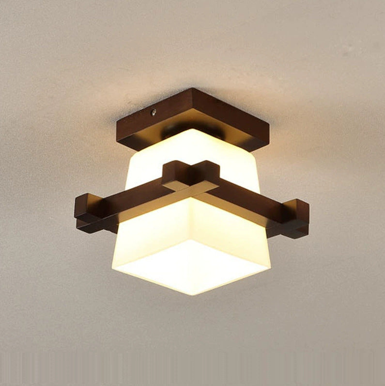 Rustic Grid Wood Glass Ceiling Light