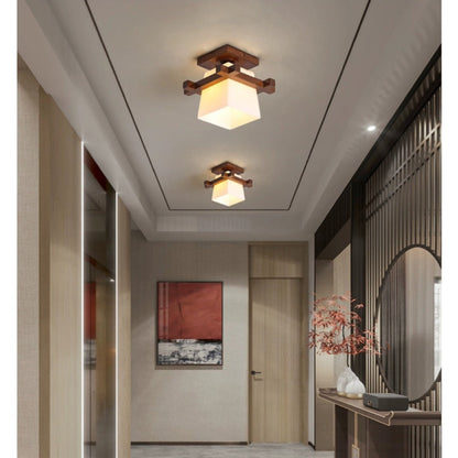 Rustic Grid Wood Glass Ceiling Light